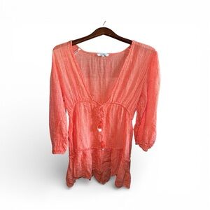 Blue Island Coral Textured Boho Tunic Beach Cover Up Blouse Mini Resort Dress